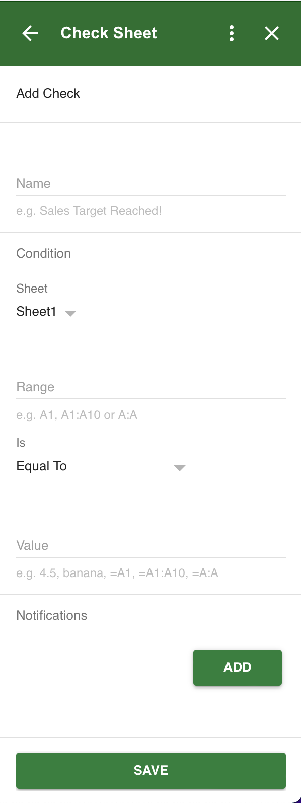 Screenshot showing the form for adding a new Check in the Check Sheet app