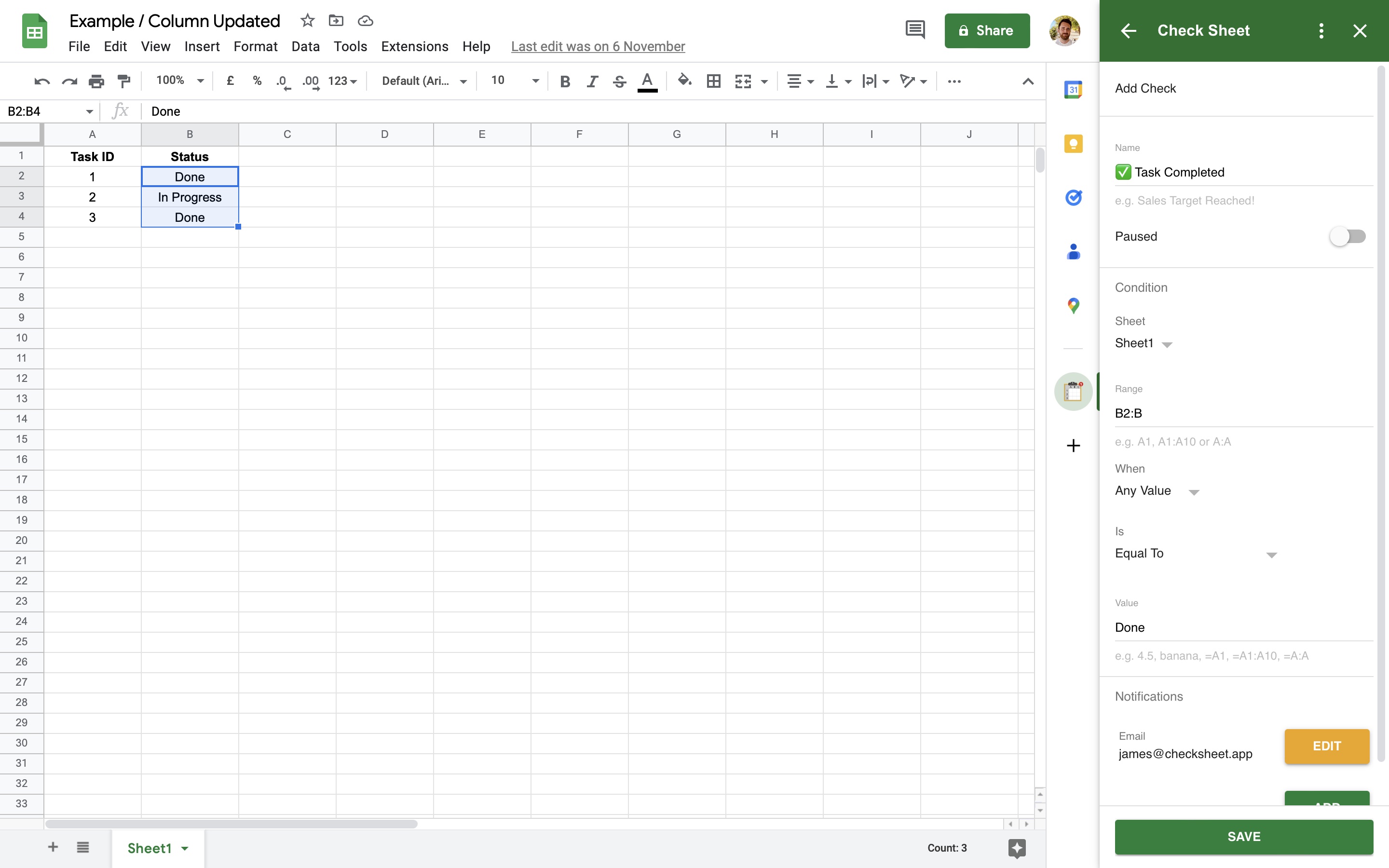 Screenshot showing a Google Sheet with a Check that sends a notification when a column is updated
